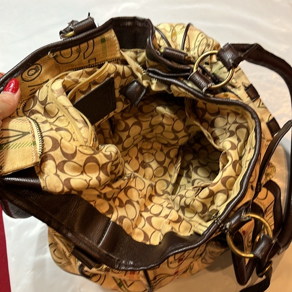 Coach BEIGE brown Tattersall Graffiti TOTE BAG PURSE 2 handles multi pockets 15” - Picture 8 of 16